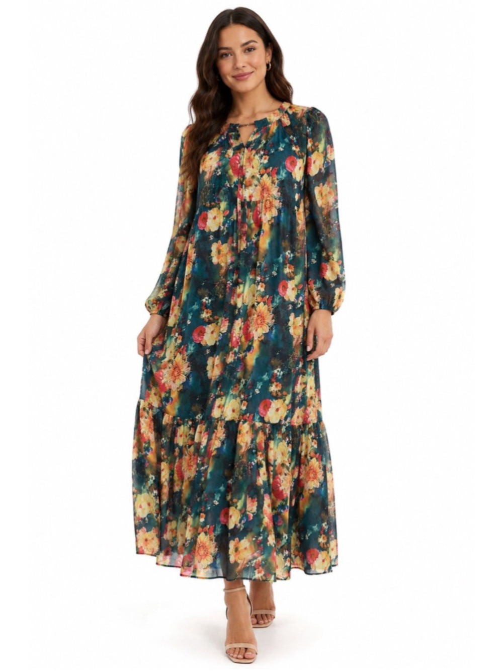 NWT Dalia MacPhee Women Large Long Maxi Dress Floral Multi Chiffon Lined